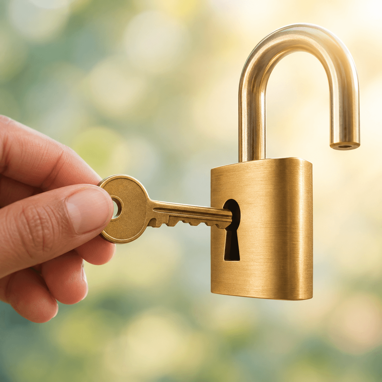 A key turning in an open padlock